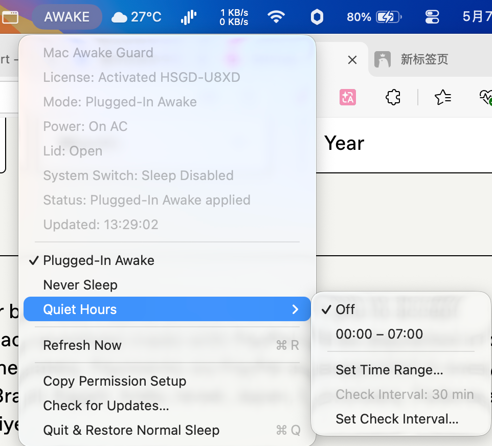 Menu with Quiet Hours submenu expanded